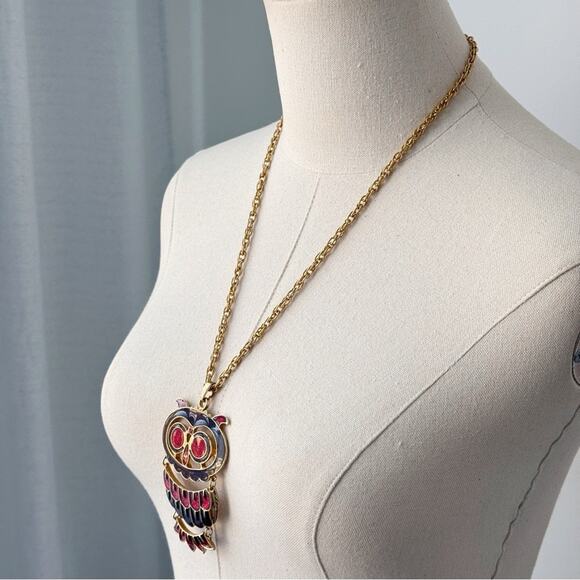 Vintage Gold Tone Red Owl Big Statement Estate Necklace 23.5” Jewelry Fashion - Picture 6 of 7